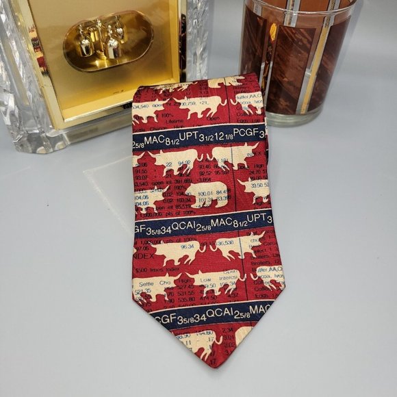 RM Style 1995 Ralph Marlin Necktie Stockmarket Bulls Bears Silk USA Vintage - Picture 1 of 7